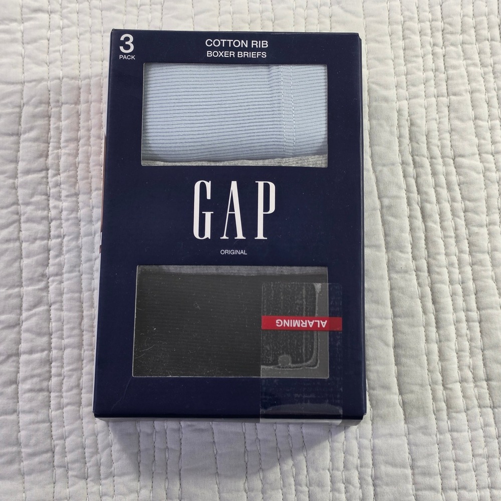 GAP Mens Medium 32-34 Ribbed Cotton Boxer Briefs 3 Pack Blue Black Gray Classic
